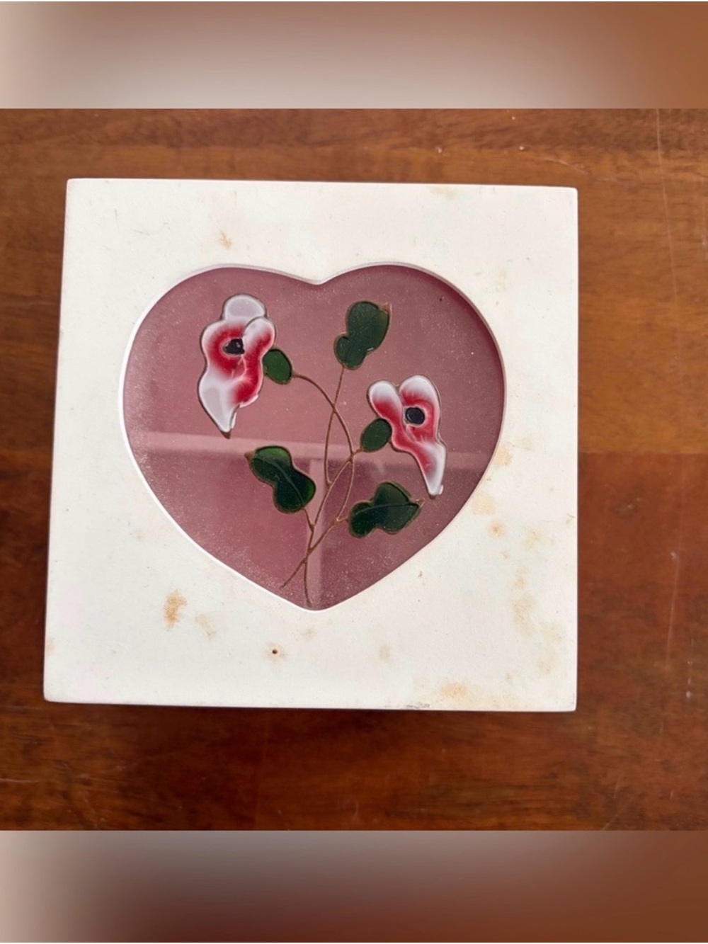 Heart Glass Trinket Box with Floral Motif - Pink & White
